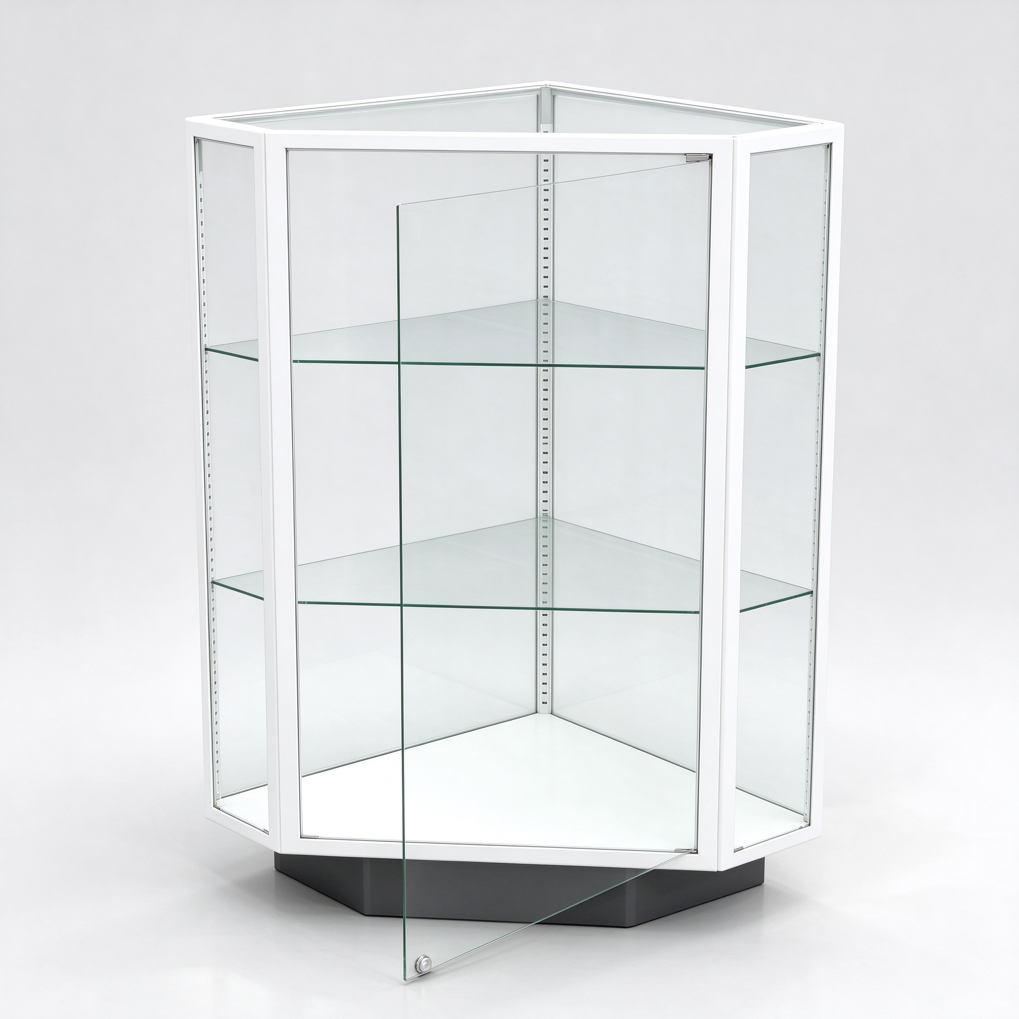White triangular corner glass display cabinet left 45 view