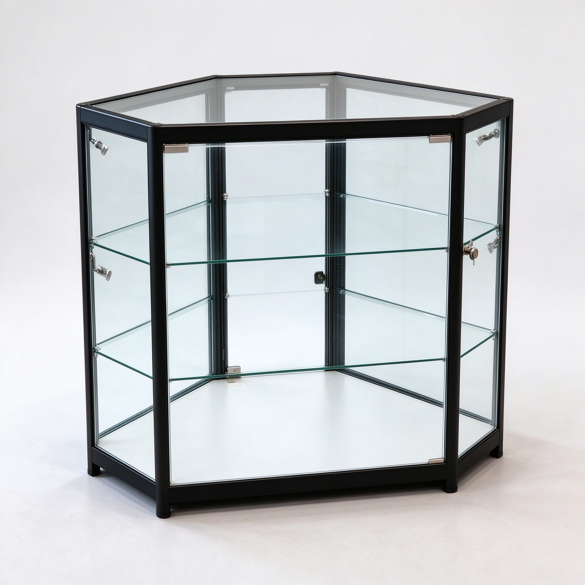 Black aluminum hexagonal corner glass display counter left 45 view