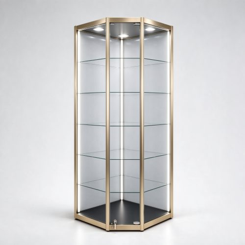 Champagne gold hexagonal corner glass display cabinet left 45 view