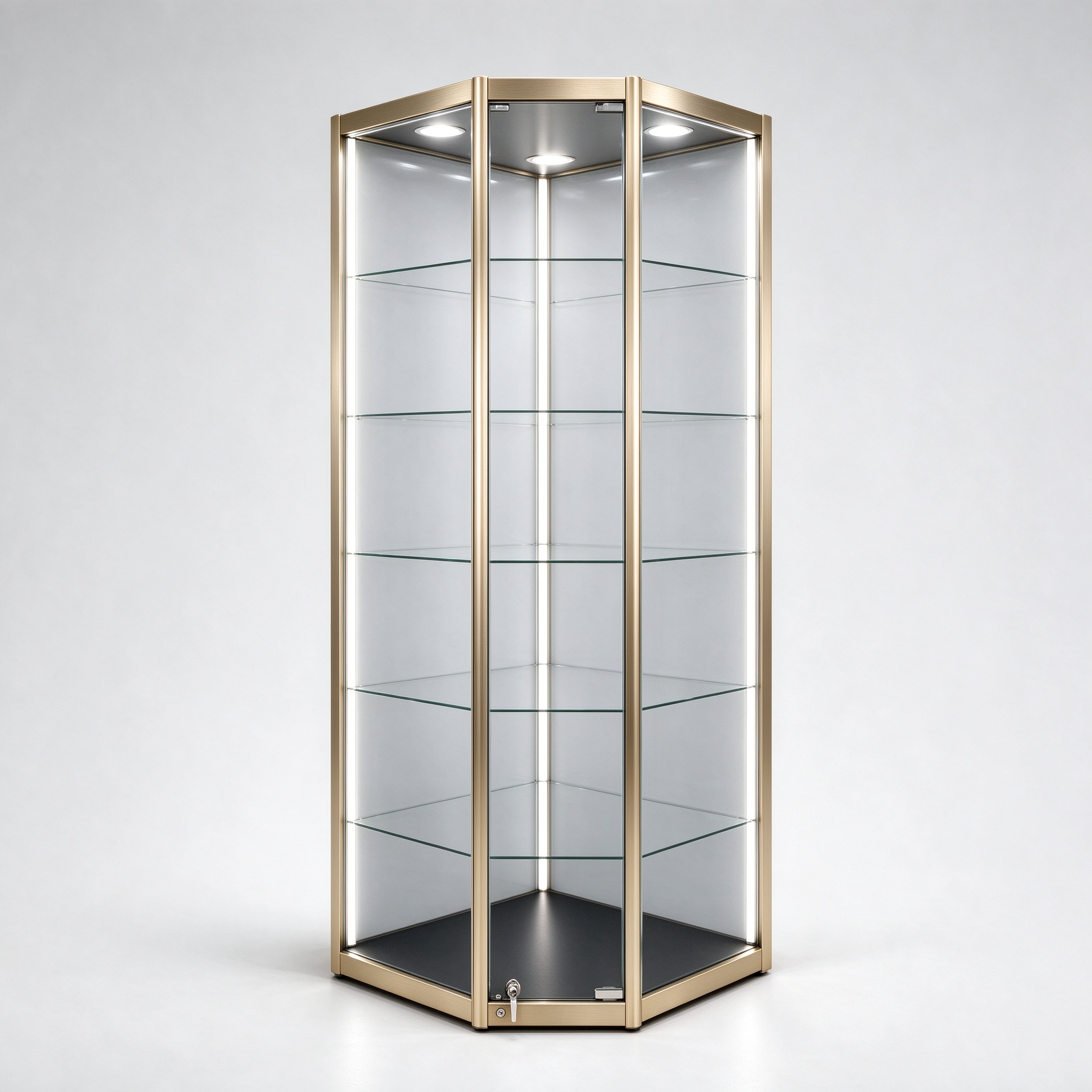 Champagne gold hexagonal corner glass display cabinet left 45 view