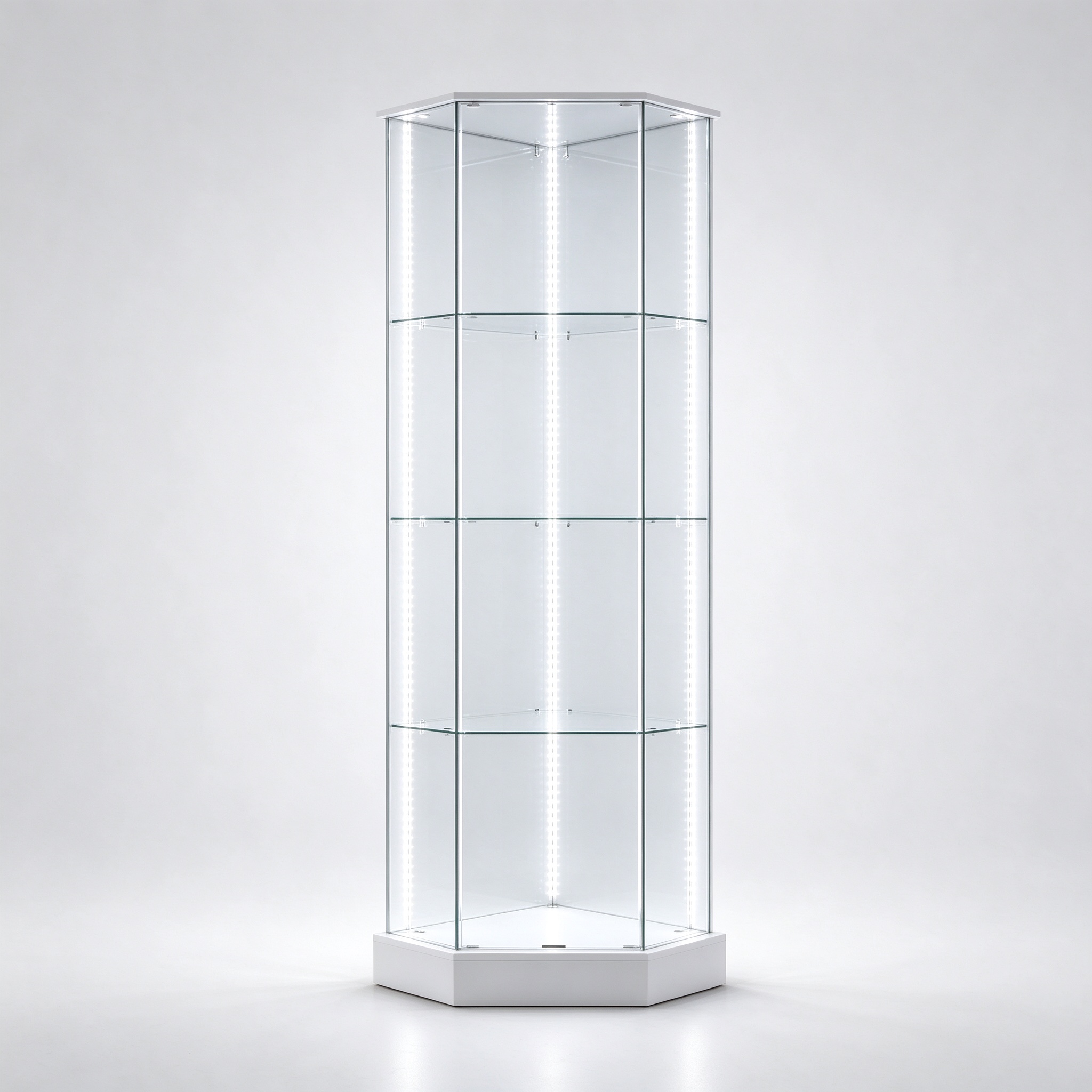 Frameless hexagonal corner glass display tower left 45 view