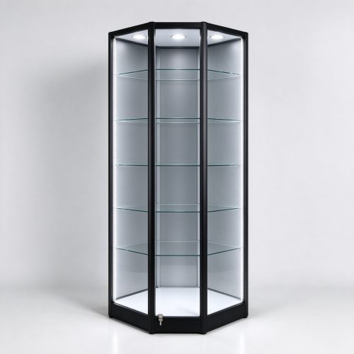 Black aluminum corner glass display cabinet mirror back left 45 view