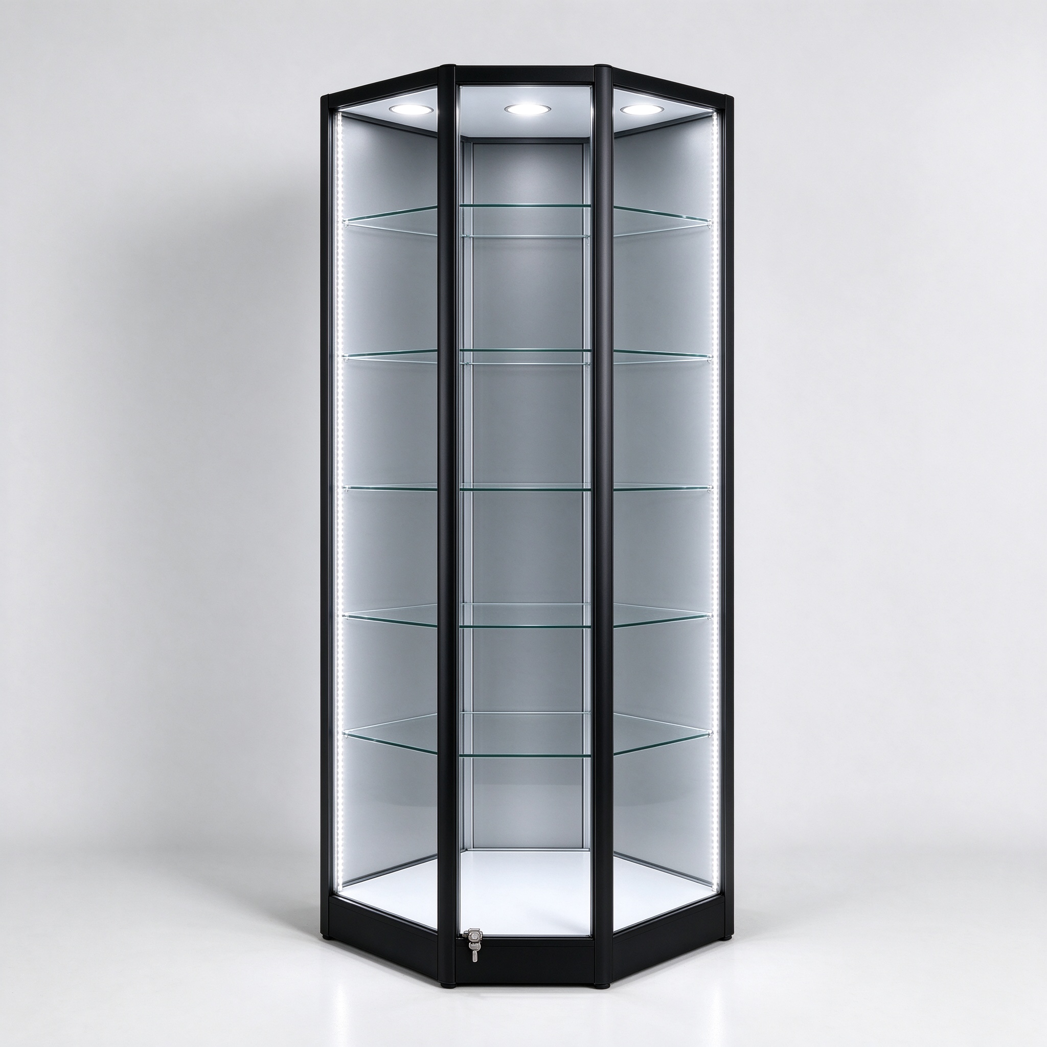 Black aluminum corner glass display cabinet mirror back left 45 view