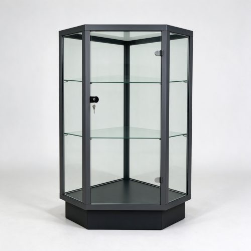 Dark gray hexagonal corner glass display cabinet left 45 view
