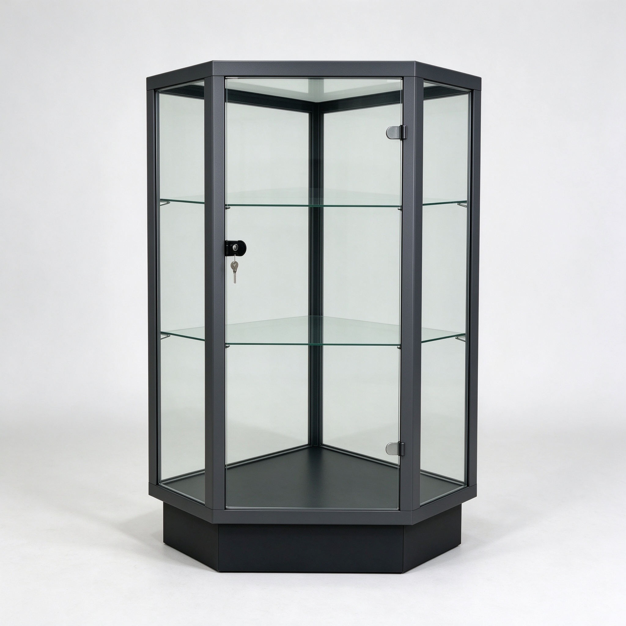 Dark gray hexagonal corner glass display cabinet left 45 view