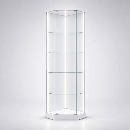 White base frameless hexagonal corner glass display tower left 45 view