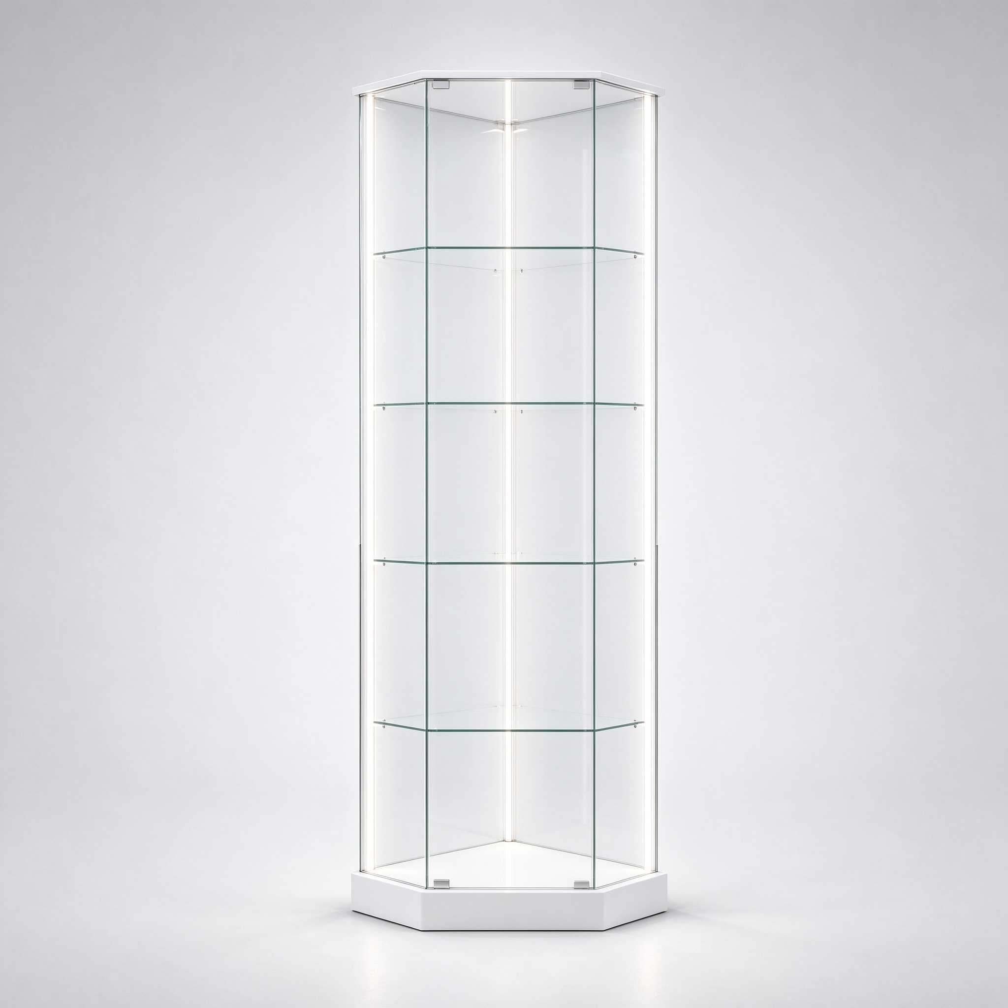 White base frameless hexagonal corner glass display tower left 45 view