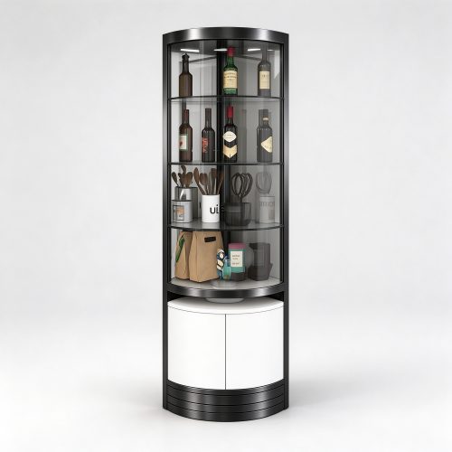 Black titanium curved corner wine display cabinet left 45 view