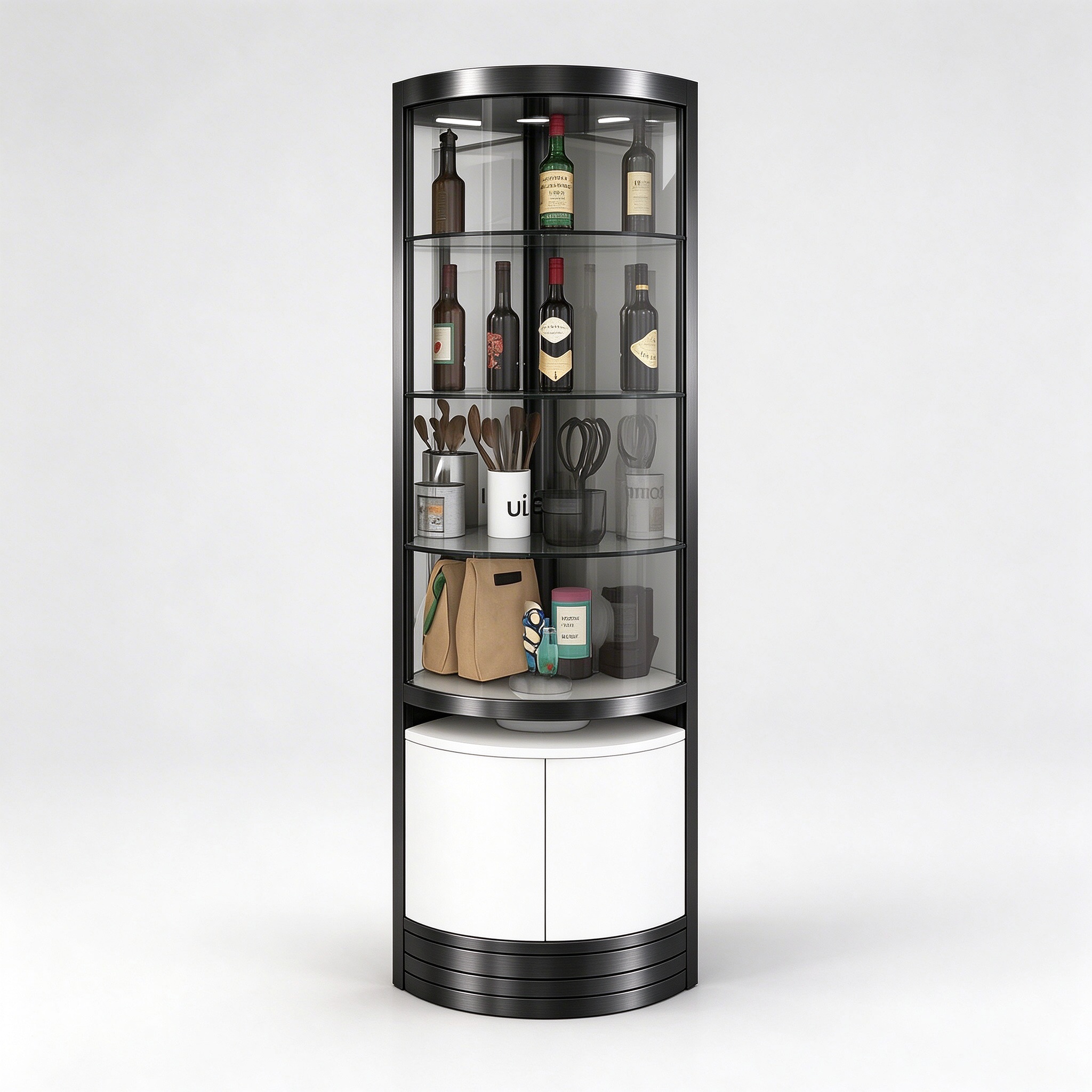 Black titanium curved corner wine display cabinet left 45 view