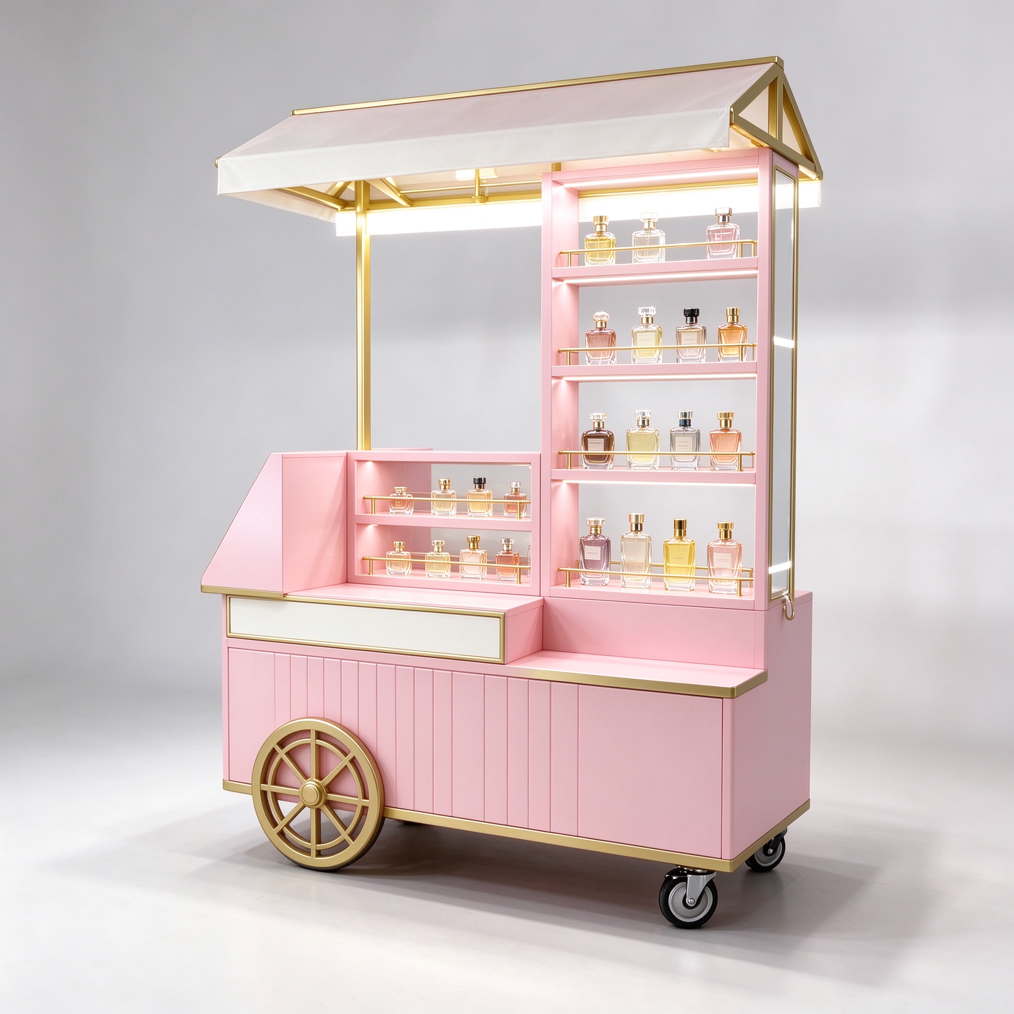 Pink perfume display cart with gold trim left 45 view
