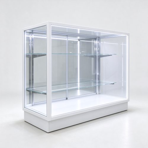 White full vision glass display case left 45 view