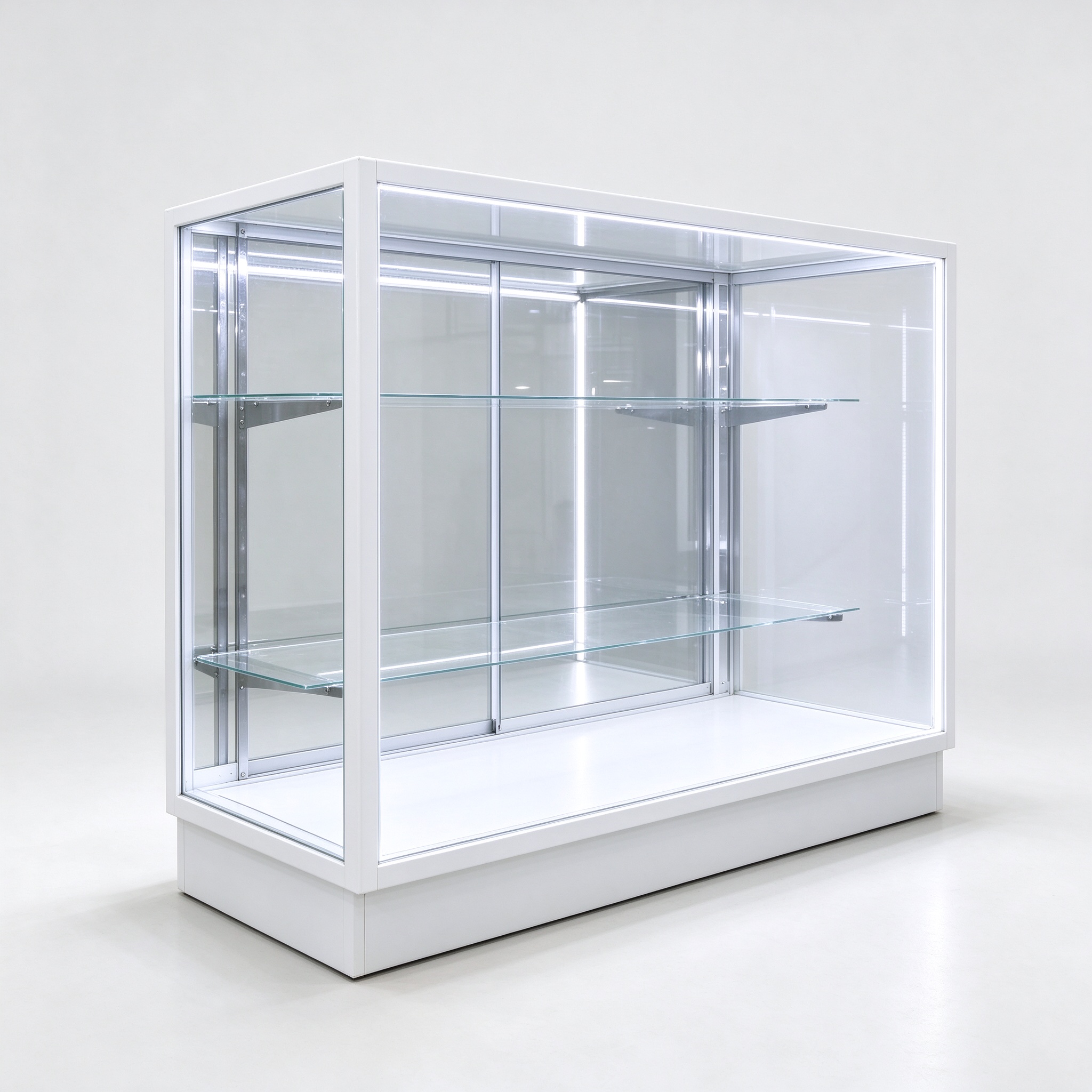 White full vision glass display case left 45 view