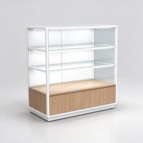 Extra vision glass display case white frame oak base left 45 view
