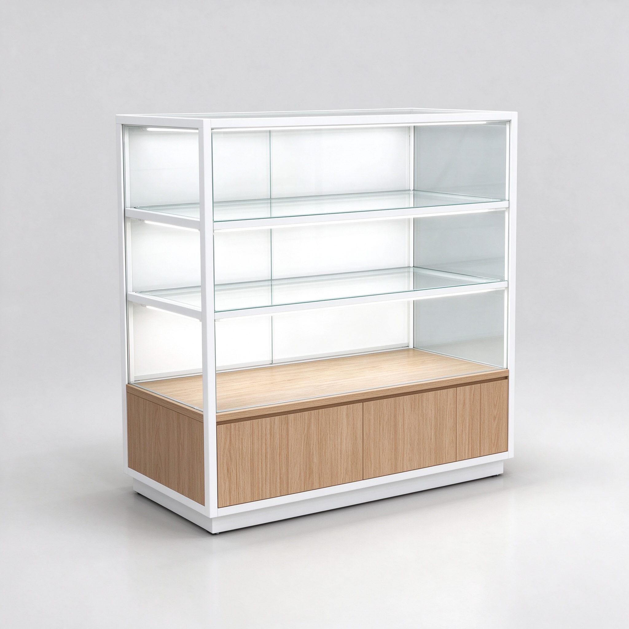 Extra vision glass display case white frame oak base left 45 view