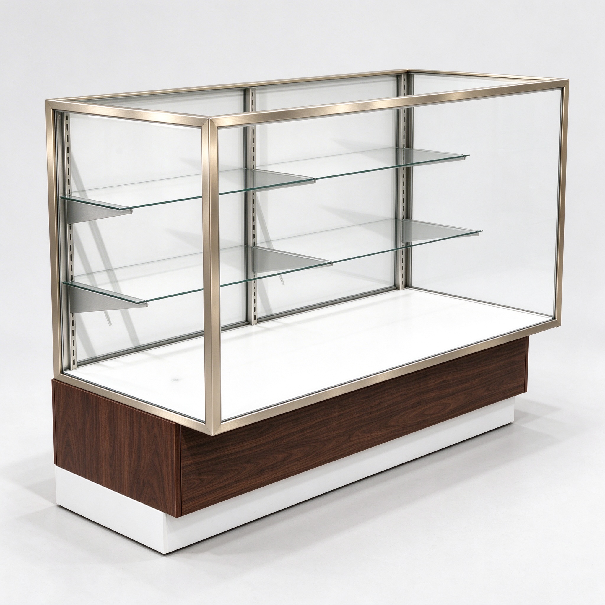Champagne gold stainless glass display case walnut base left 45 view