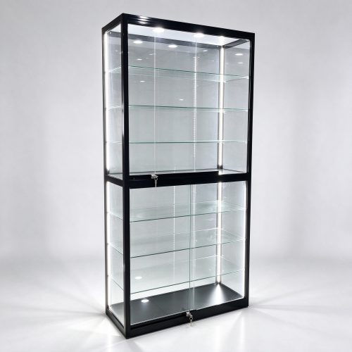 Tall black glass display tower cabinet left 45 view
