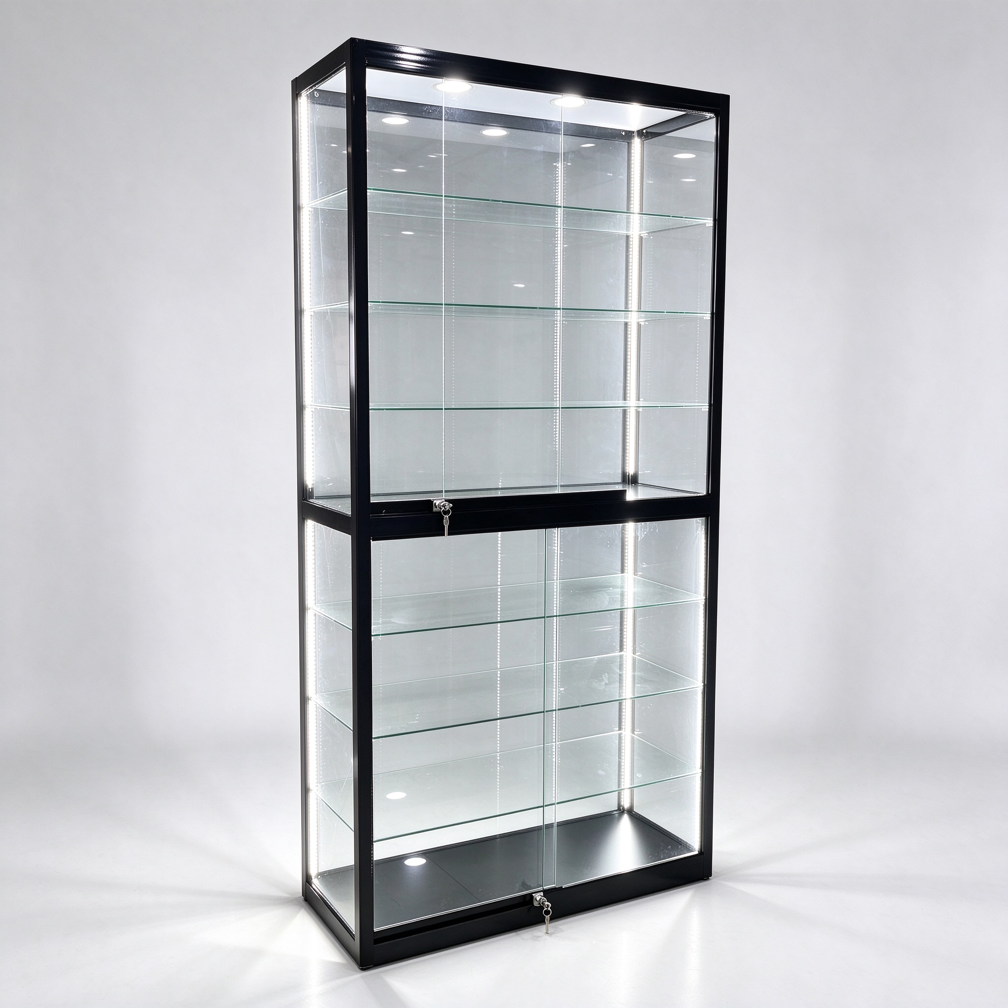 Tall black glass display tower cabinet left 45 view