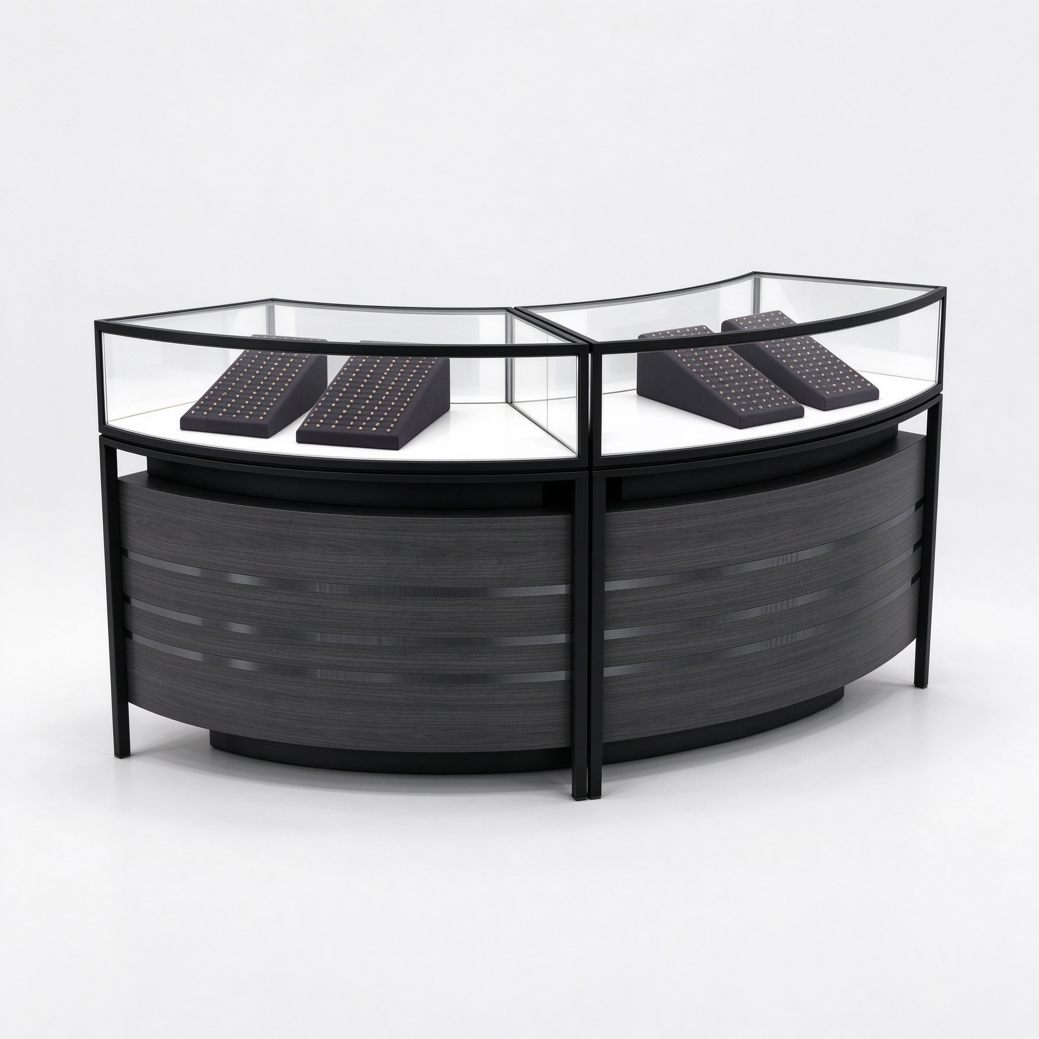 Black semi-circular curved jewelry display counter left 45 view