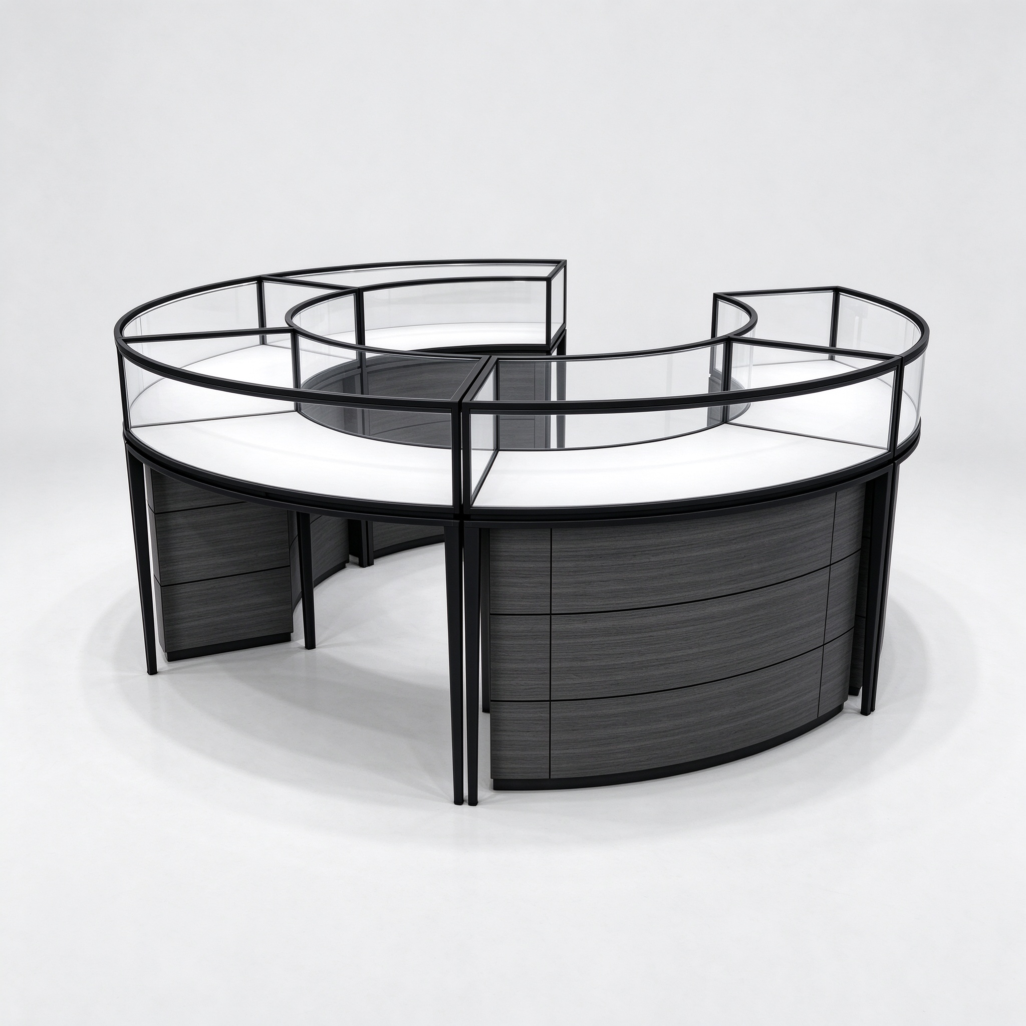 Black frame dark gray wood C-shaped curved jewelry display counter left 45 view