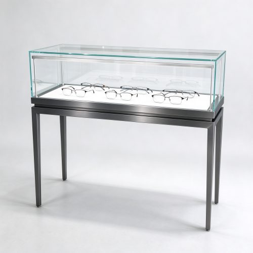 Dark gray metal frame glass optical display counter left 45 view