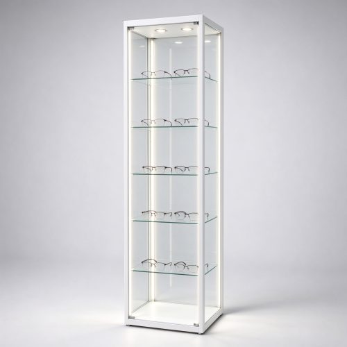 White freestanding glass optical tower left 45 view