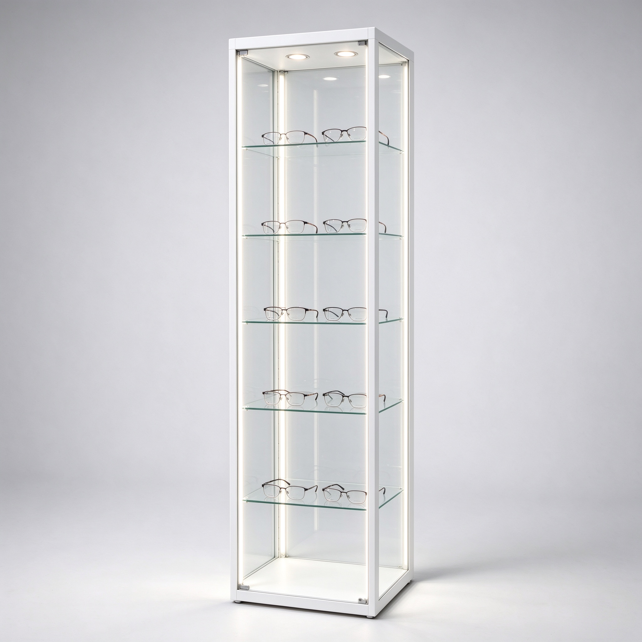 White freestanding glass optical tower left 45 view