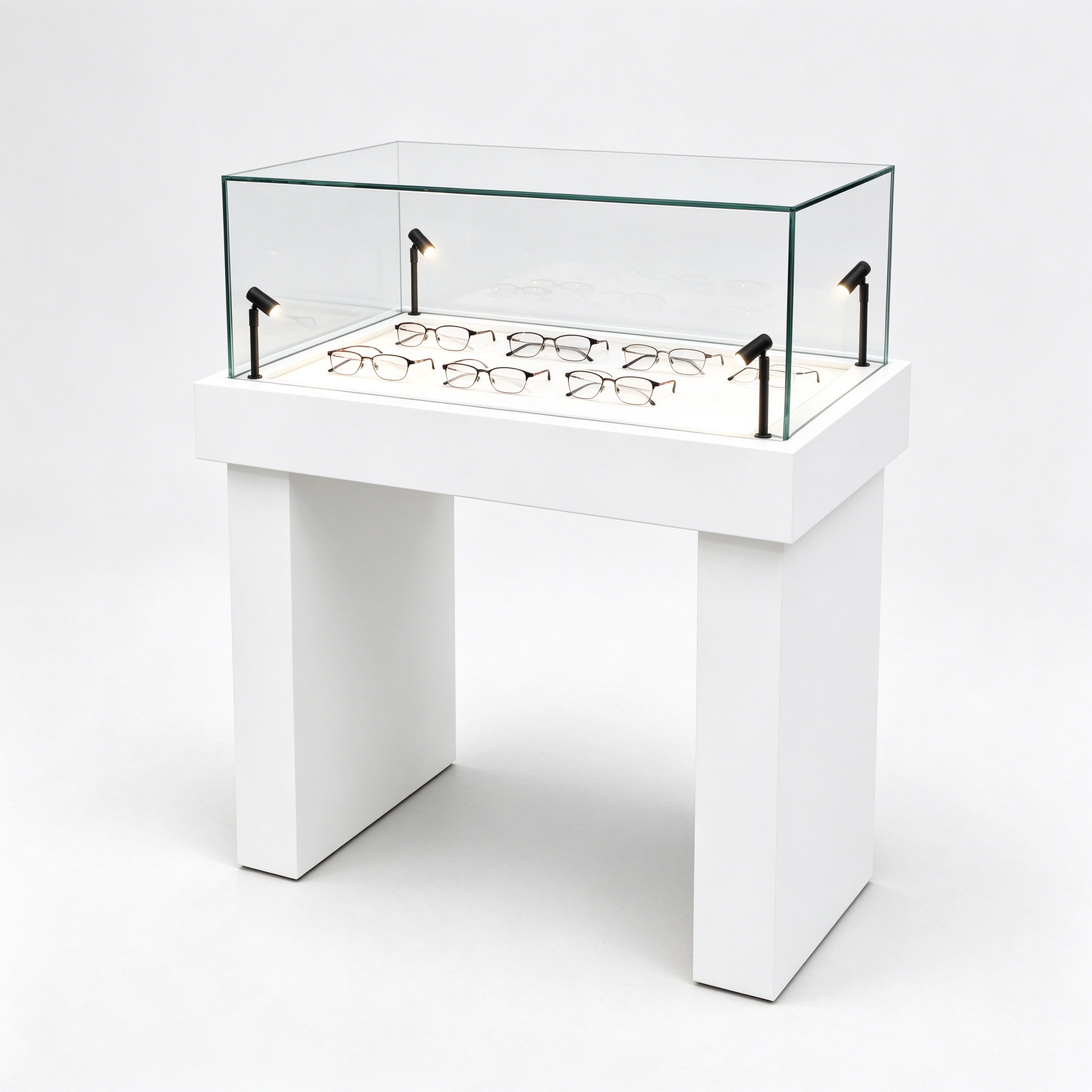 White glass optical display counter with spotlights left 45 view
