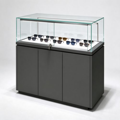 Dark gray museum style glass optical counter left 45 view