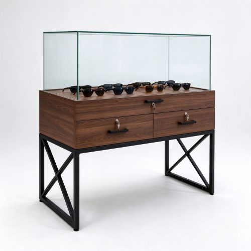 Walnut wood glass optical counter left 45 view