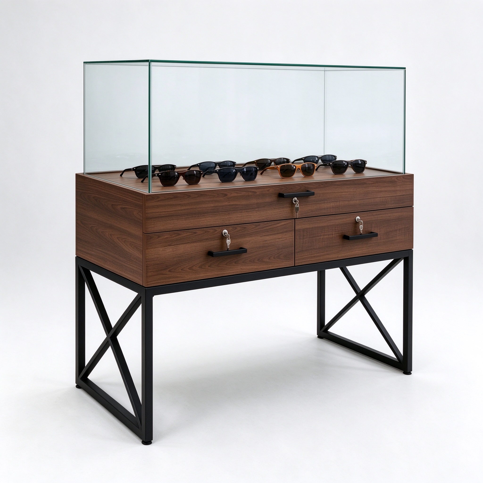 Walnut wood glass optical counter left 45 view