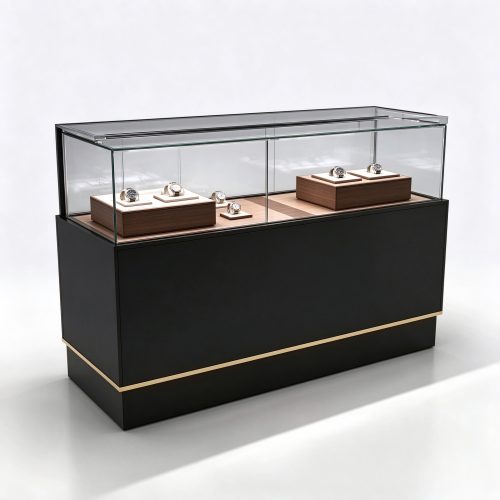 Black luxury watch display counter left 45 view