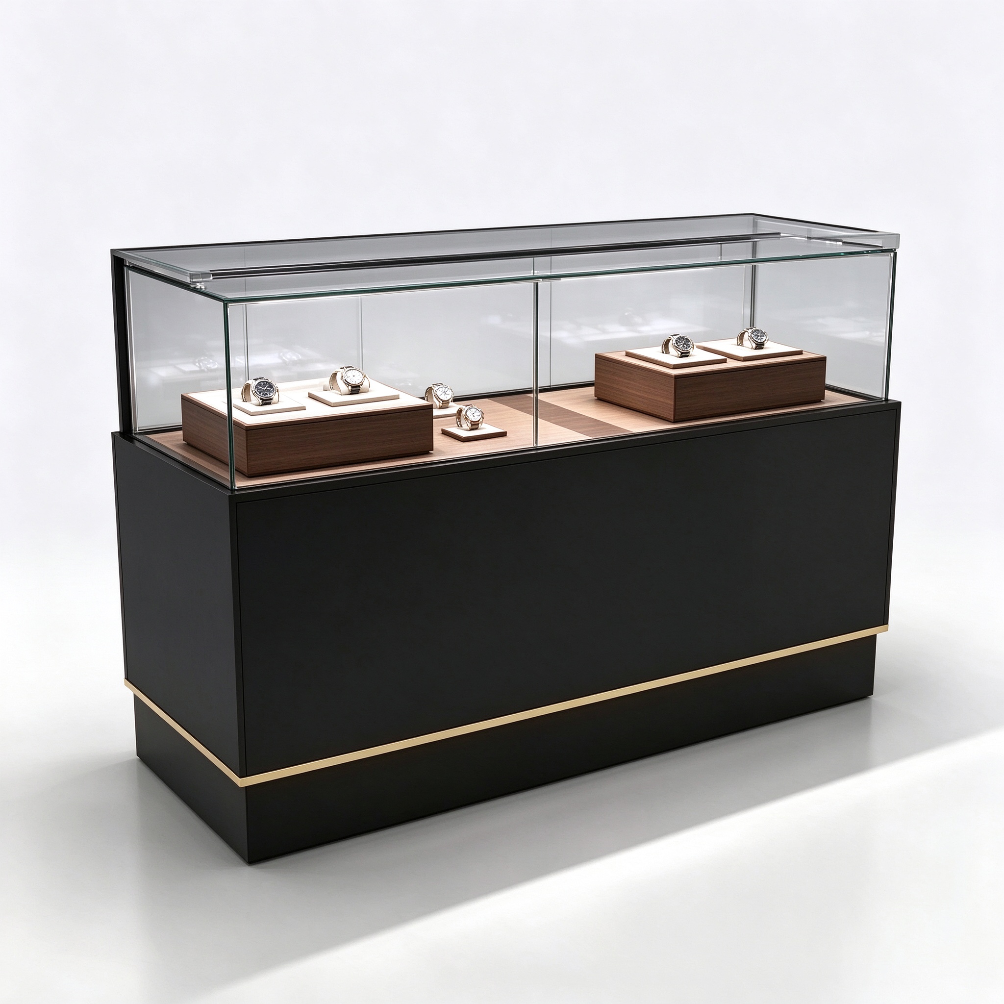 Black luxury watch display counter left 45 view