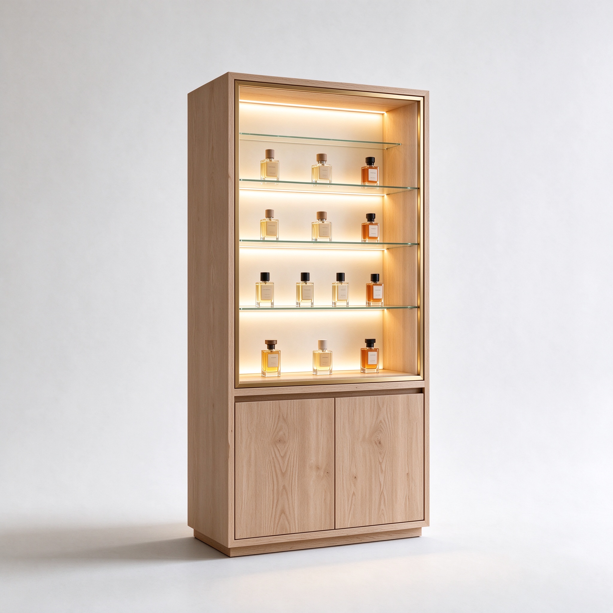 Light oak LED perfume display cabinet left 45 view