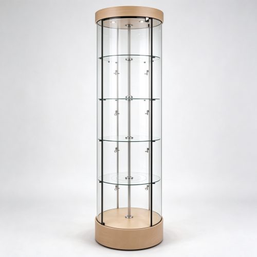 Rotating cylindrical glass display cabinet left 45 view
