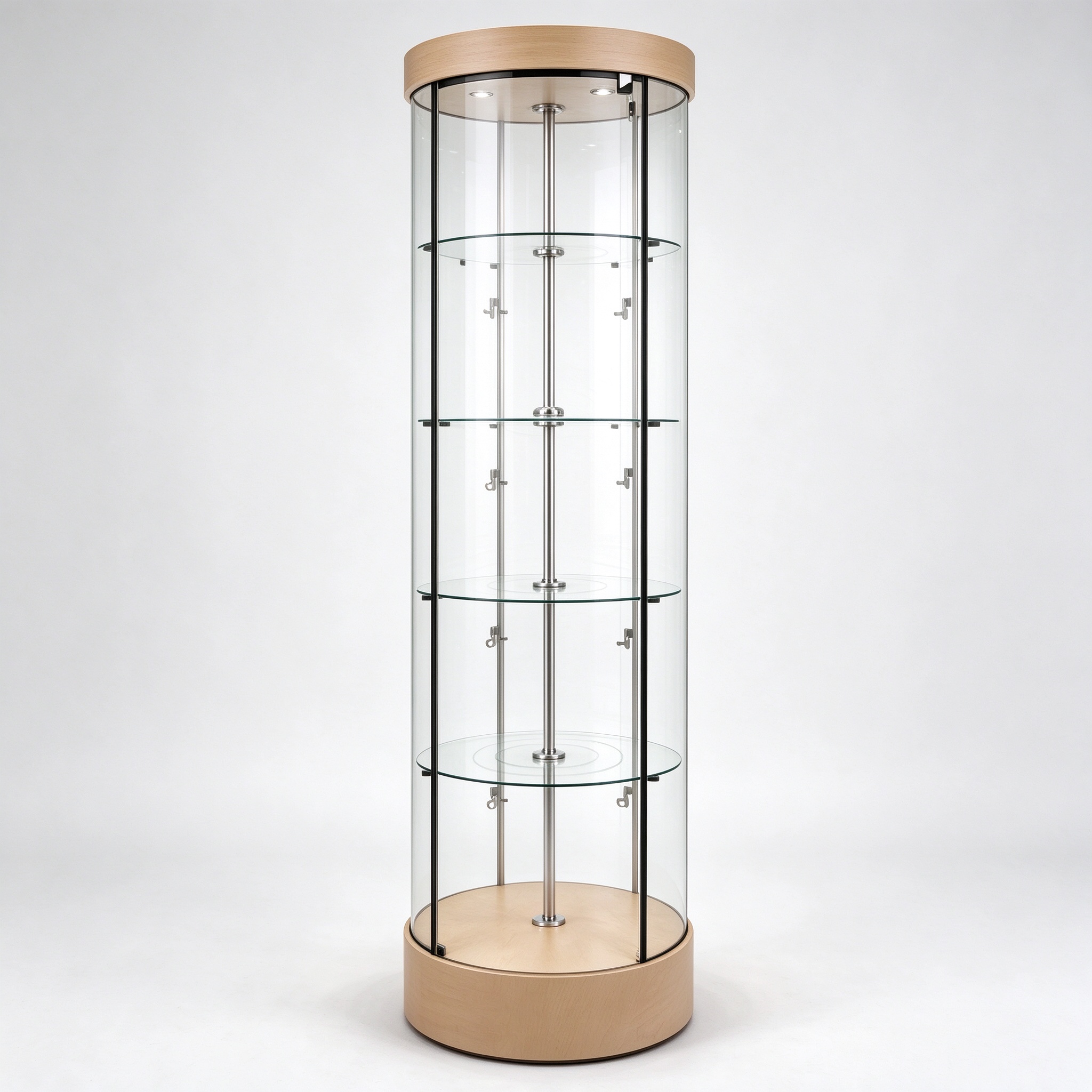 Rotating cylindrical glass display cabinet left 45 view