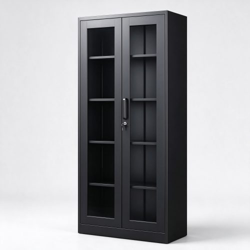 Black metal locking display cabinet left 45 view