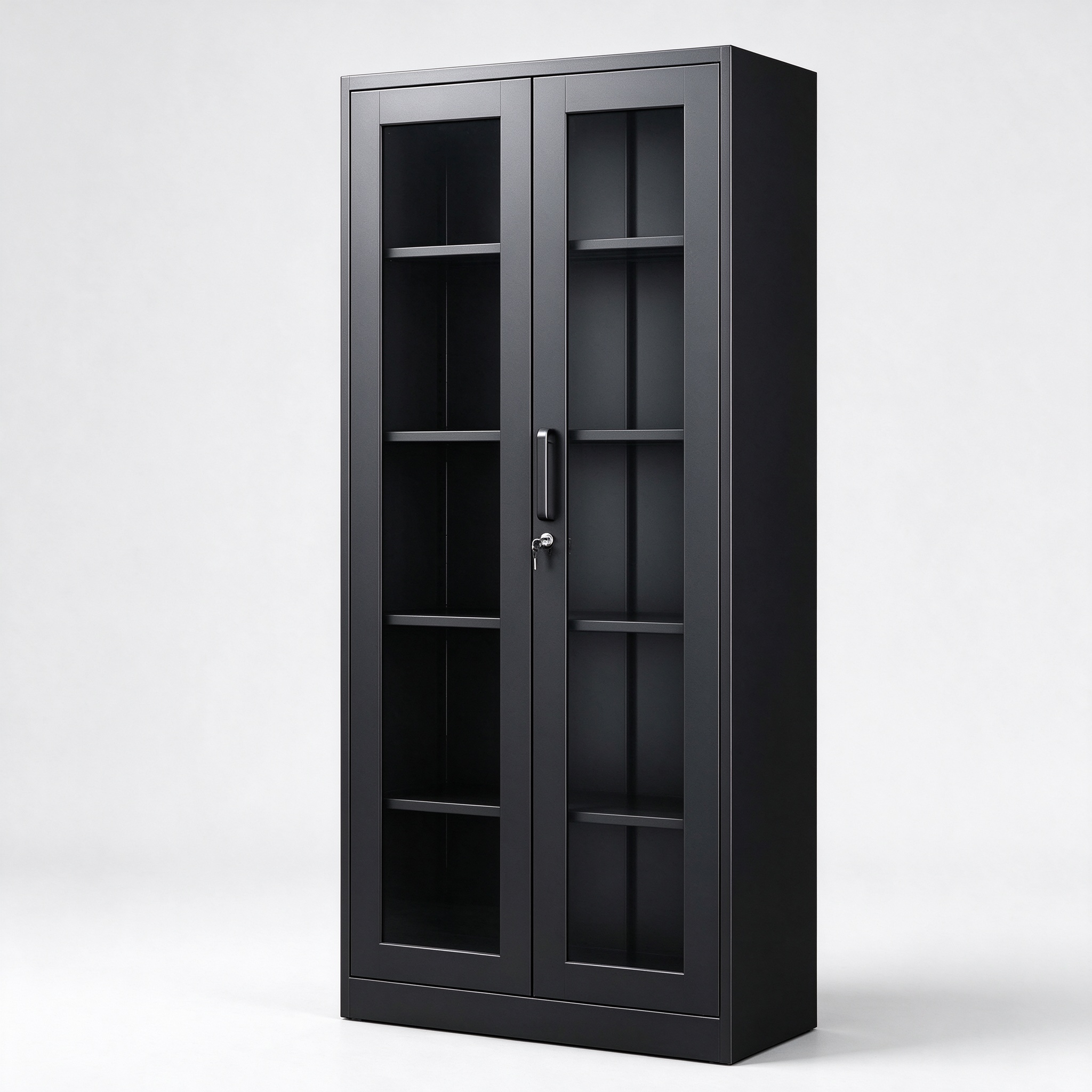 Black metal locking display cabinet left 45 view