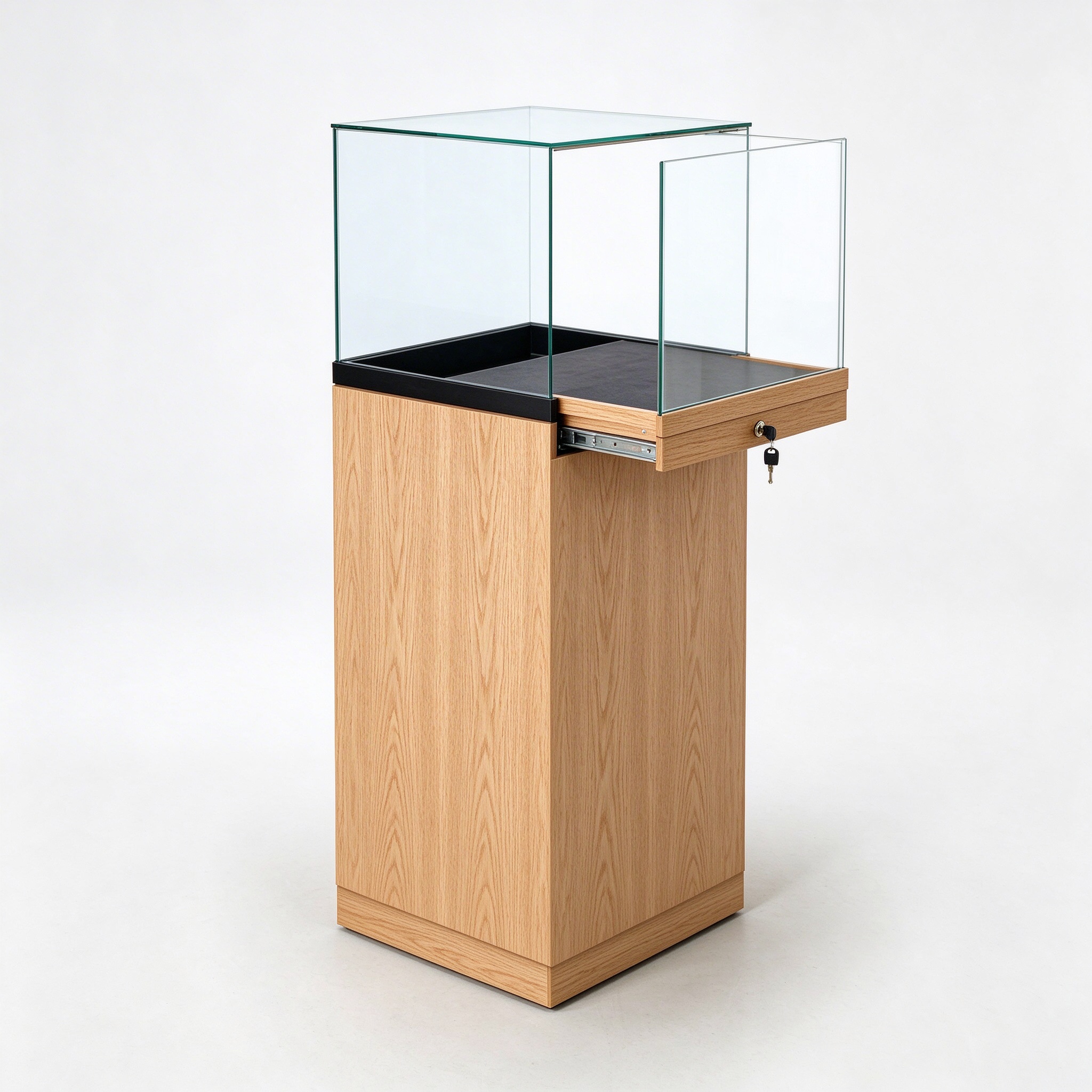 White oak pedestal locking display case with glass door open