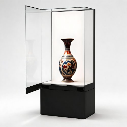 Museum display case with door open showing artifact