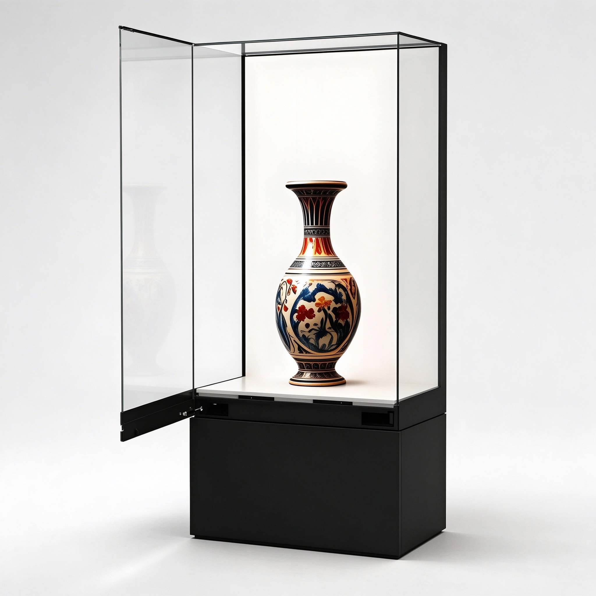 Museum display case with door open showing artifact
