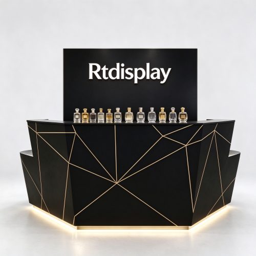 Black faceted perfume checkout counter right 45 degree view with gold line inlay