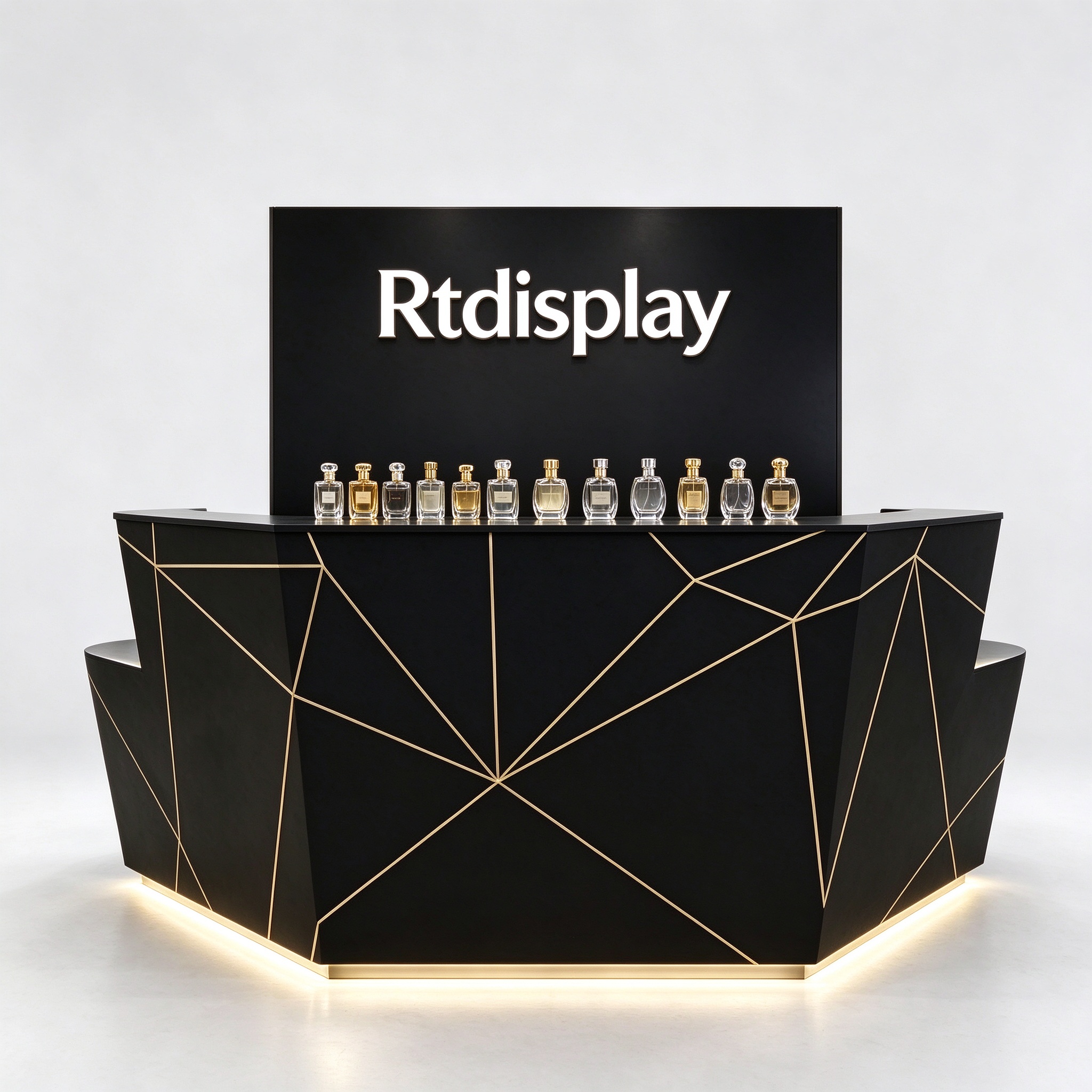 Black faceted perfume checkout counter right 45 degree view with gold line inlay