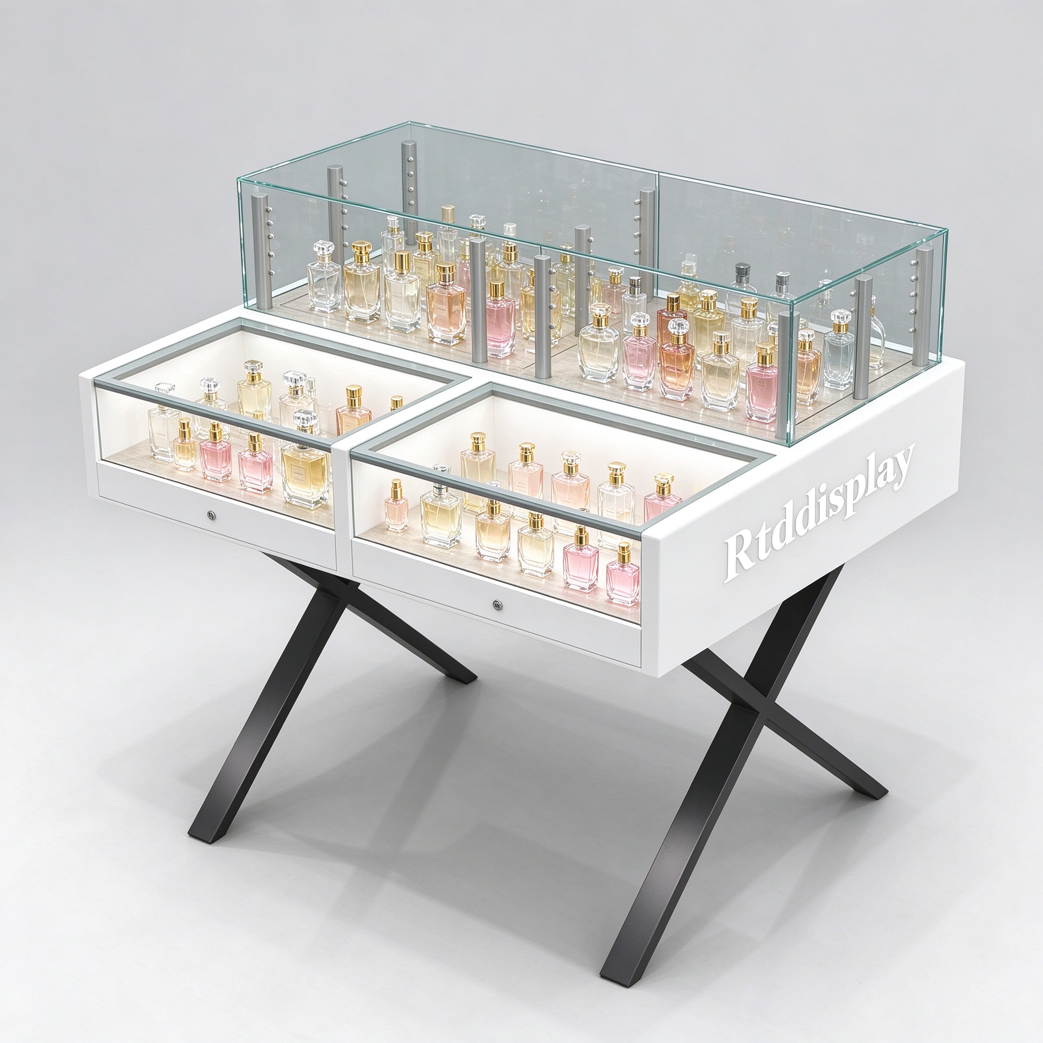 White glass perfume display table right 45 degree view with black X-shaped legs