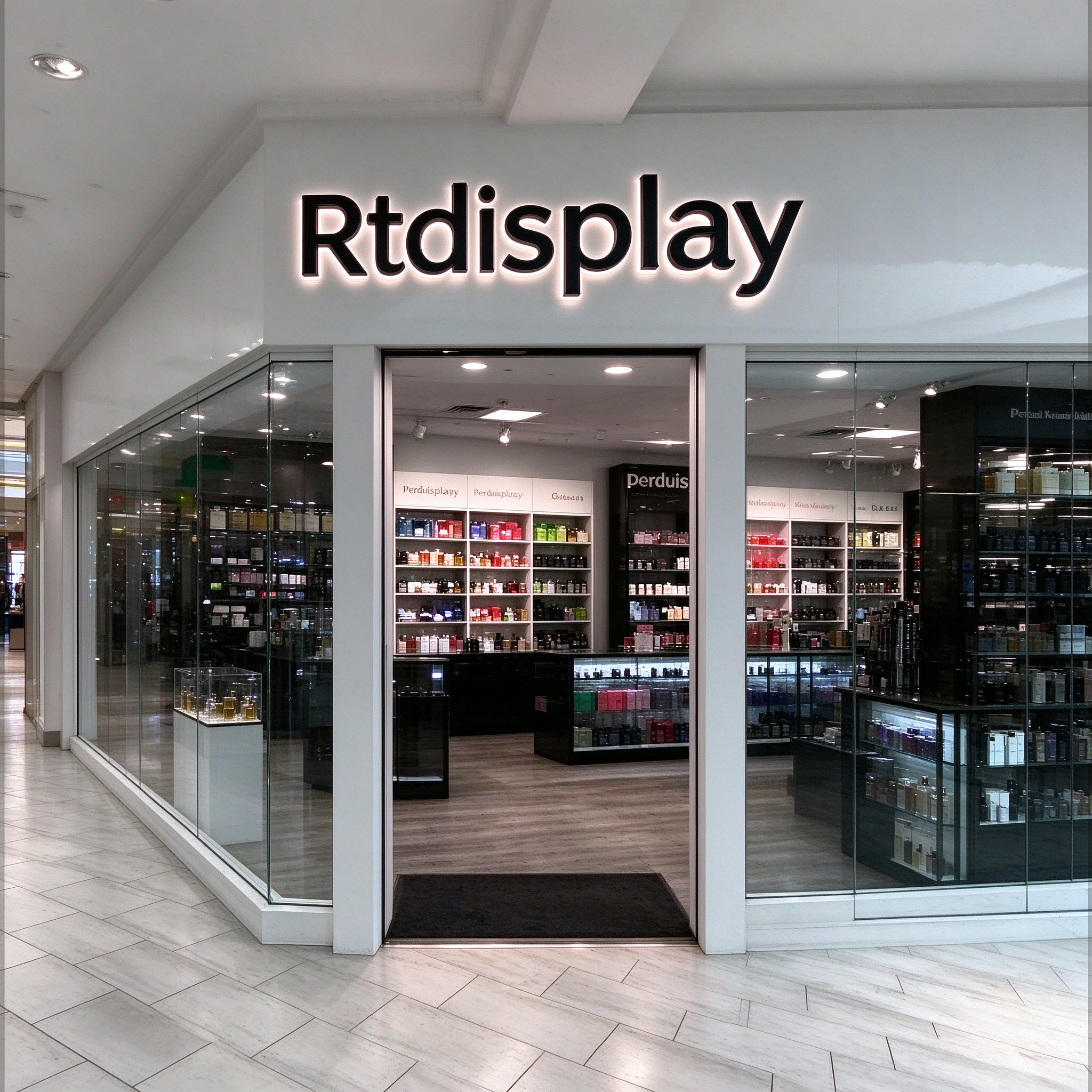 Mall perfume shop front with white fascia and black Rtdisplay letters, left 45 degree view