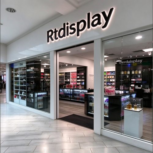Mall perfume shop front with white fascia and black Rtdisplay letters, right 45 degree view