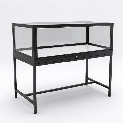 Black metal frame glass display case left 45 degree view