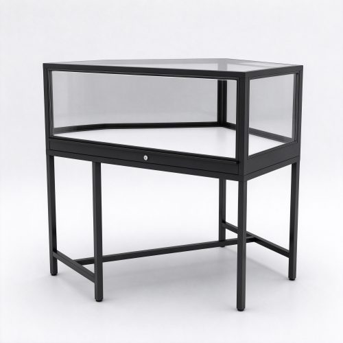 Black metal frame glass display case right 45 degree view