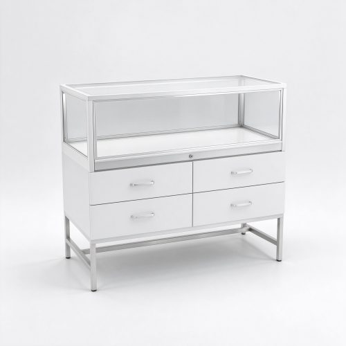 White metal frame glass display case left 45 degree view