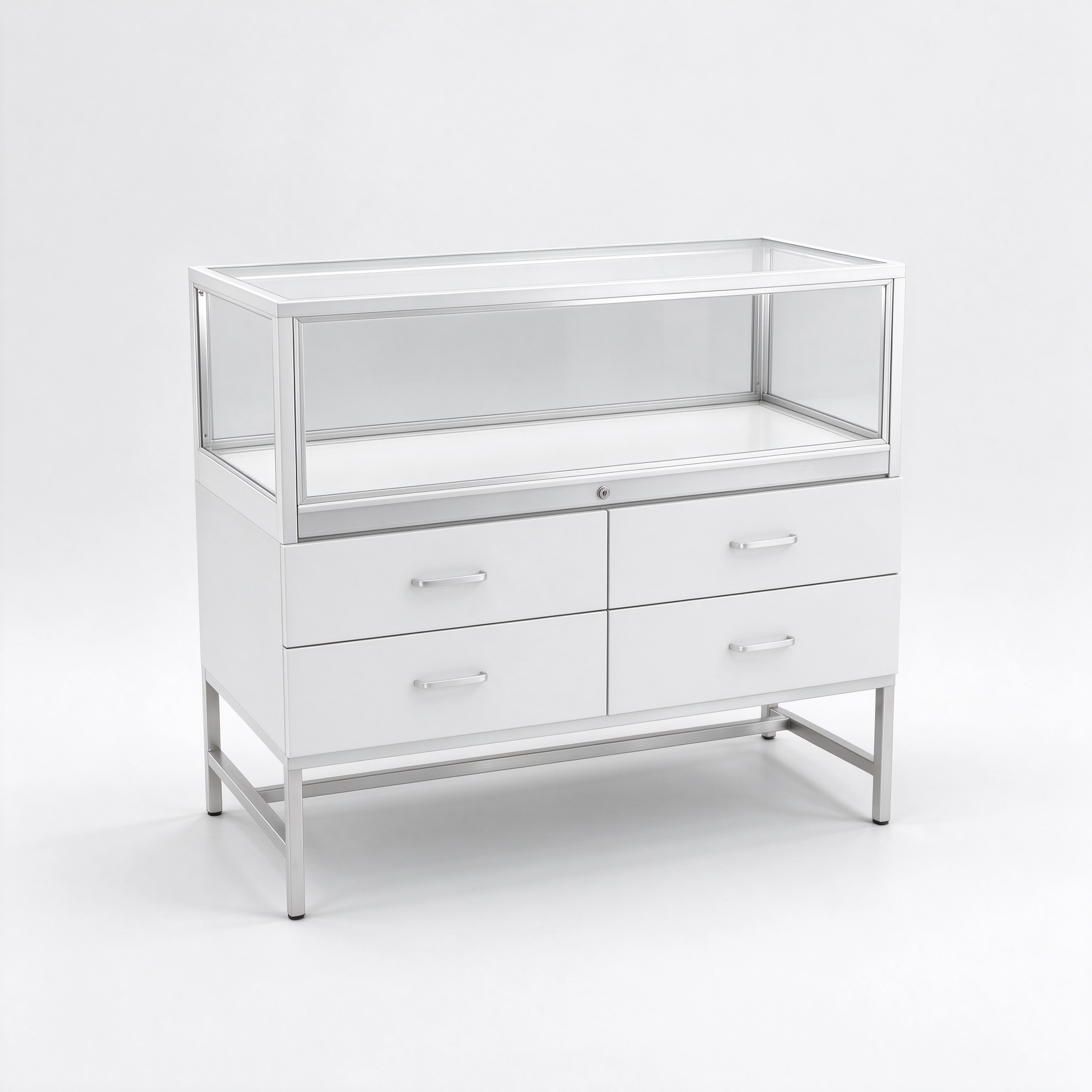 White metal frame glass display case left 45 degree view