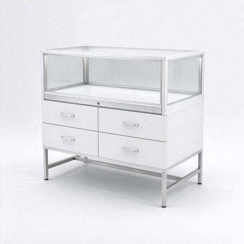 White metal frame glass display case right 45 degree view